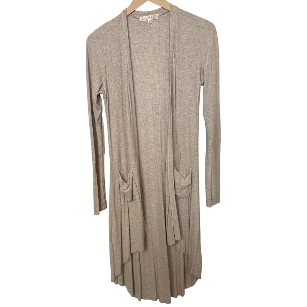 JOAH BROWN Ribbed Duster Cardigan With Pockets Taupe Lightweight One Size